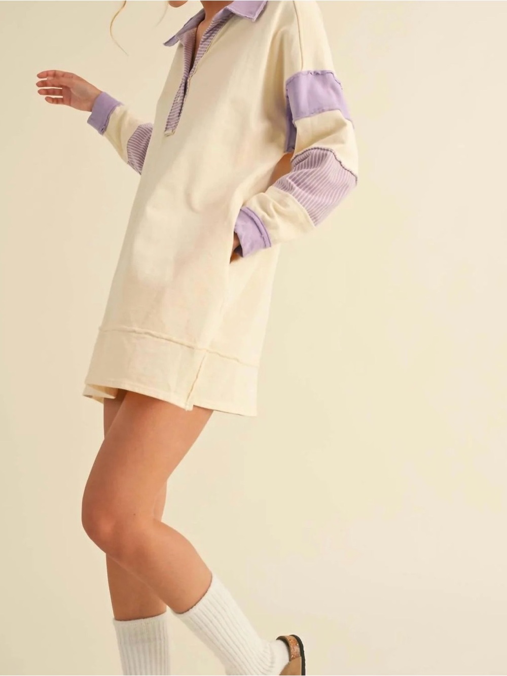 Long Sleeve Cream Shirt Dress with Lavender Polo Details - Picture 2 of 6